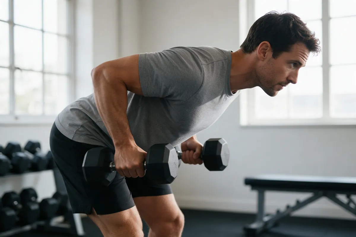 Man doet een bent over row met twee dumbbells in een lichte thuisgym