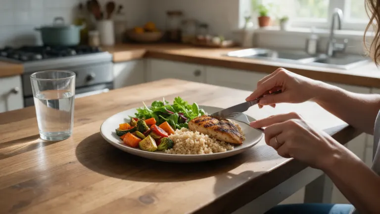 Gebalanceerde maaltijd met kip, rijst, geroosterde groente en salade op een houten keukentafel