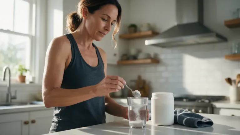 Vrouw roert na het sporten een schepje collageen supplement poeder door een glas water in de keuken