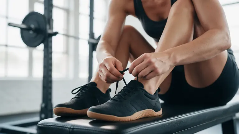 Vrouw strikt de veters van platte fitness schoenen op een trainingsbank naast een squatrek