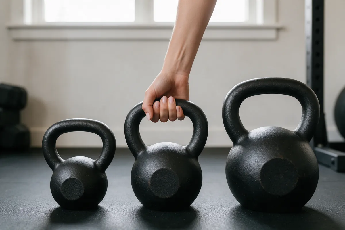 Drie gietijzeren kettlebells in verschillende gewichten op de vloer, een hand pakt de middelste vast