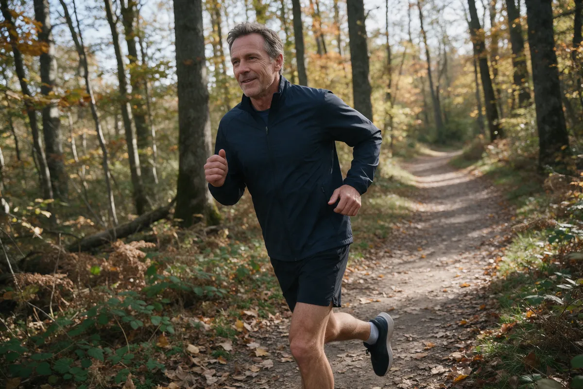 Man van middelbare leeftijd loopt ontspannen hard over een bospad in de herfst