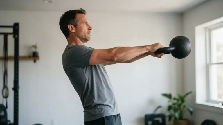 Man doet een kettlebell swing in een lichte thuisgym, armen gestrekt en heupen volledig naar voren