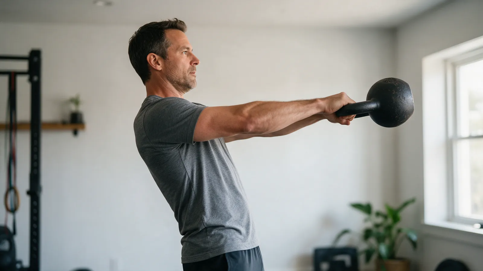 Man doet een kettlebell swing in een lichte thuisgym, armen gestrekt en heupen volledig naar voren