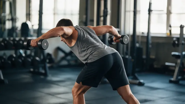 Man doet een voorovergebogen rear delt fly met twee dumbbells in de sportschool