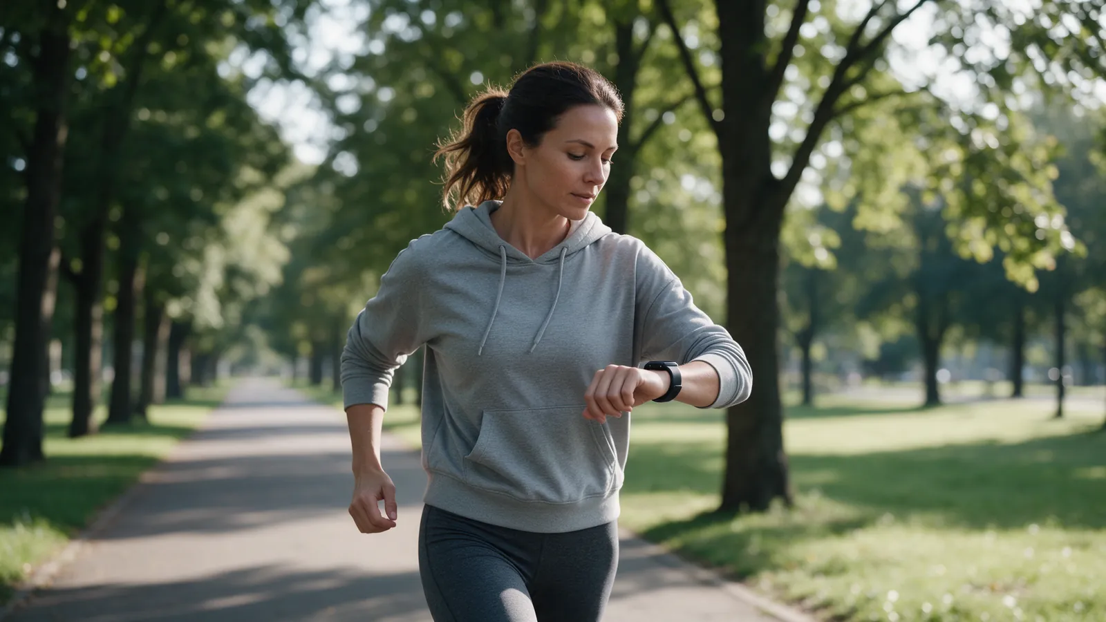Vrouw kijkt tijdens een stevige wandeling in het park op haar stappenteller horloge