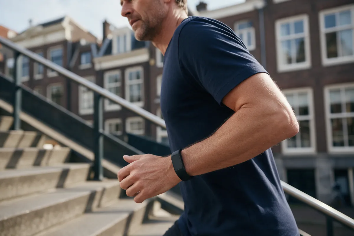 Man loopt een stenen trap op in de stad met een activity tracker om zijn pols