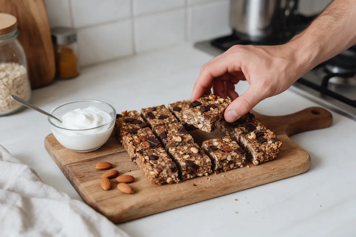 Zelfgemaakte repen met havermout, noten en pure chocolade op een snijplank naast een bakje yoghurt