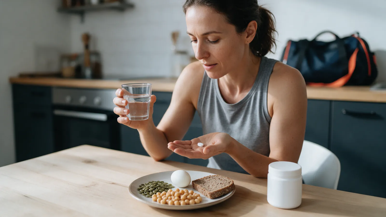 Vrouw neemt een zink supplement met een glas water bij een bord met pompoenpitten, kikkererwten, ei en brood