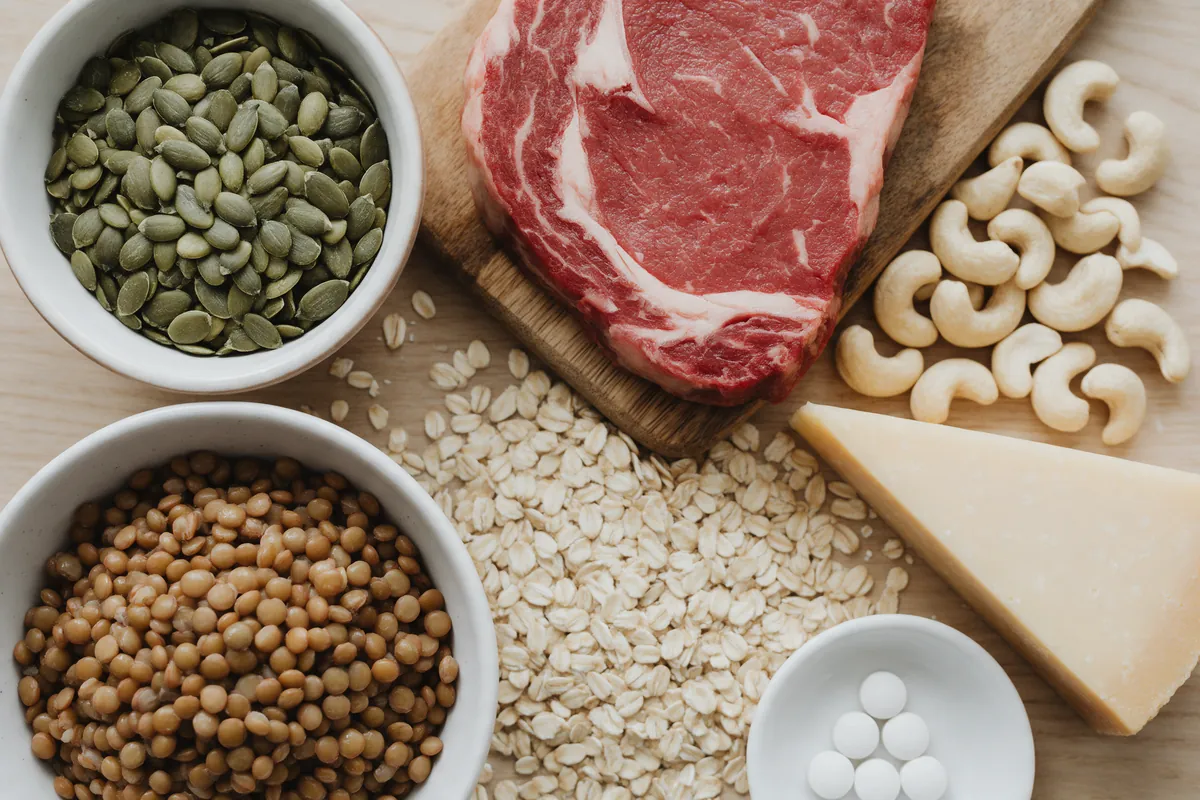 Zinkrijke voeding met pompoenpitten, rundvlees, cashewnoten, linzen, havermout, kaas en een schaaltje tabletten